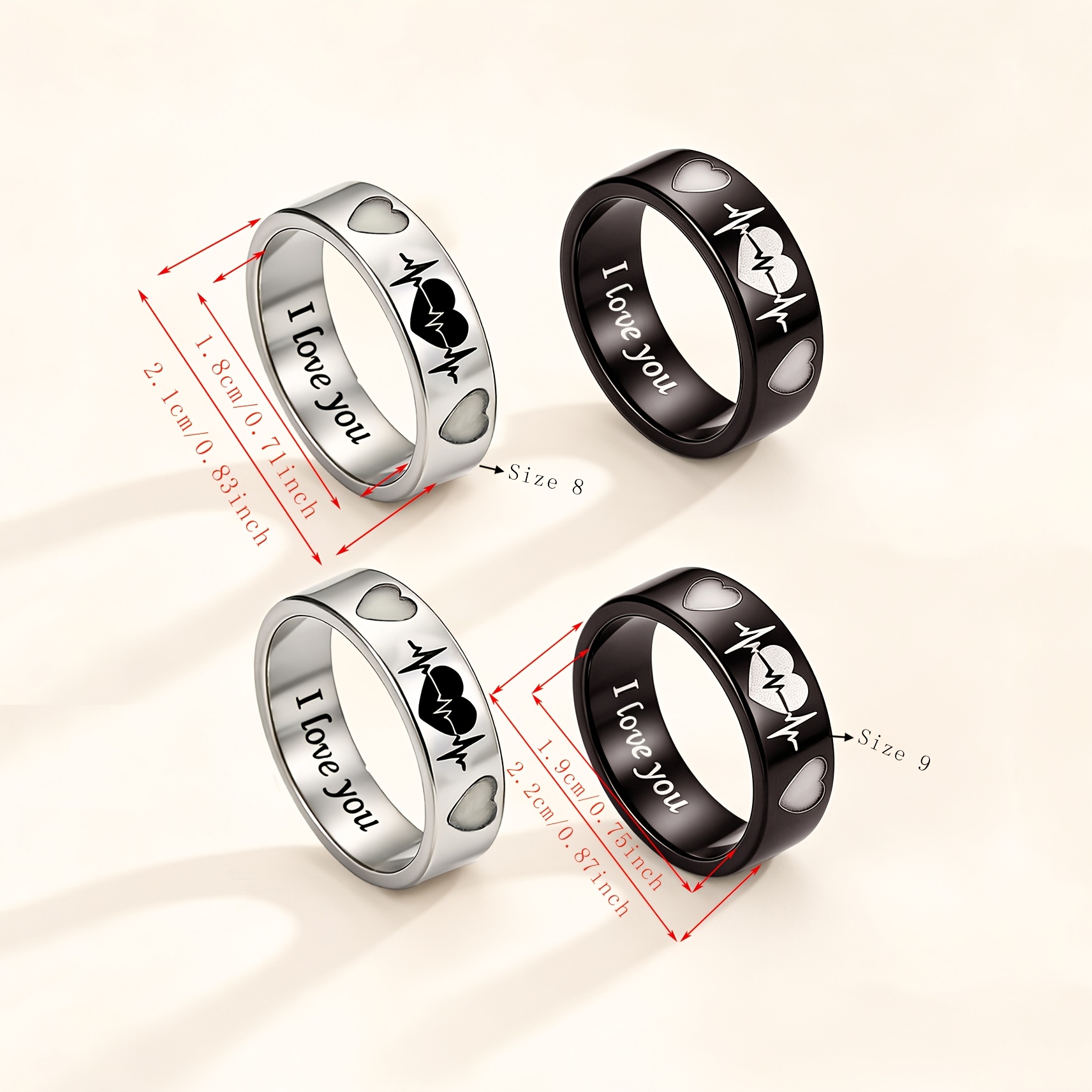 4pc Women's Glow-in-the-Dark Heartbeat Couple's Rings Set